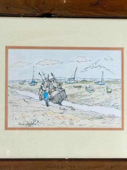 Vintage pen and watercolour coastal scene with horse and cart in rustic wood frame, signed, on white surface.