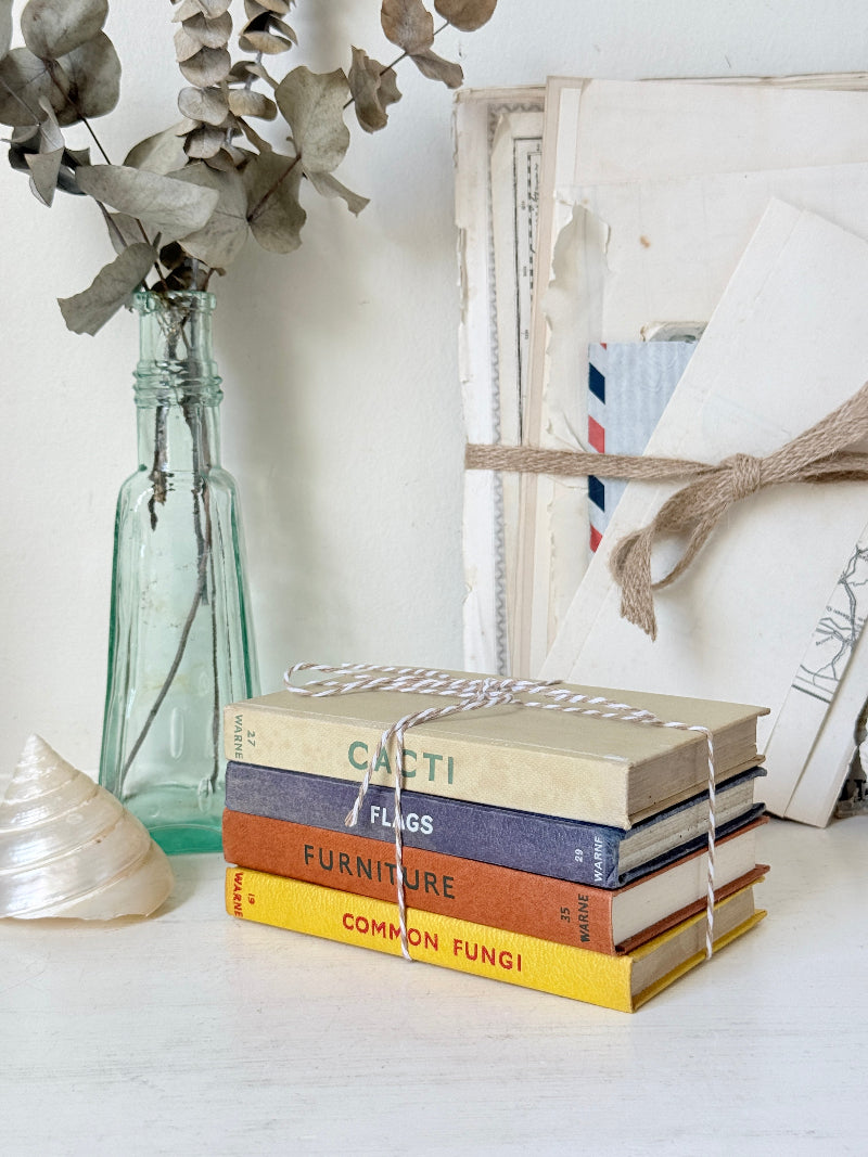 A stack of four vintage hardcover books tied with twine sits on a white surface next to a glass bottle with dried flowers and a shell. The book spines read &