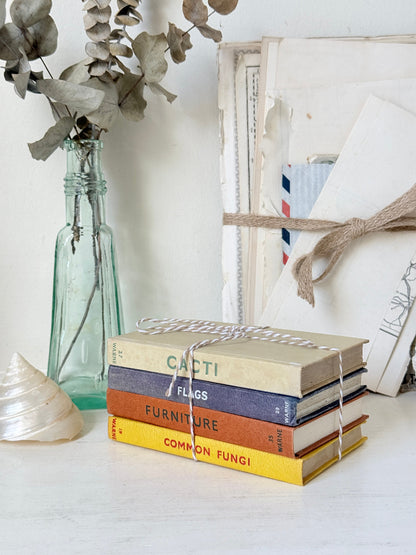 A stack of four vintage hardcover books tied with twine sits on a white surface next to a glass bottle with dried flowers and a shell. The book spines read &