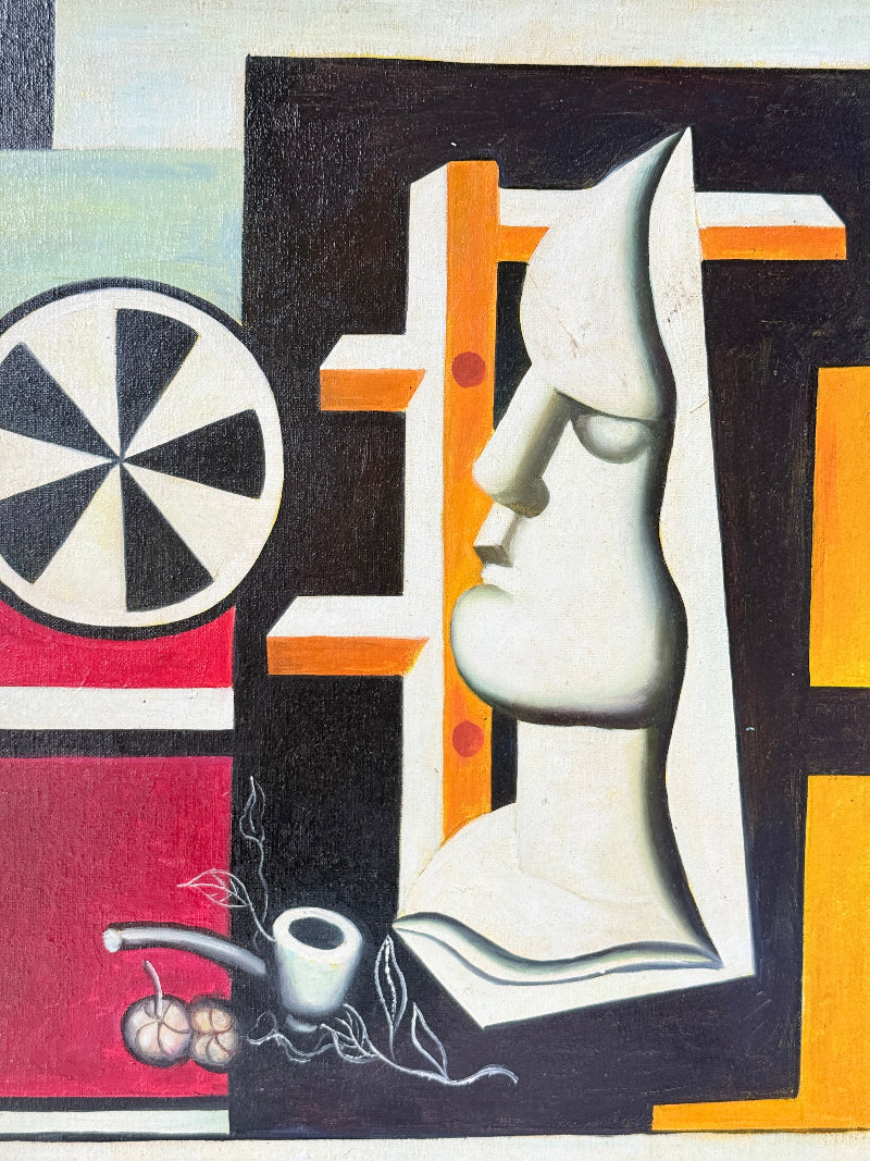 Original oil on canvas laid on board still life after Fernand Léger with plaster mask, coffee pot and pale blue frame