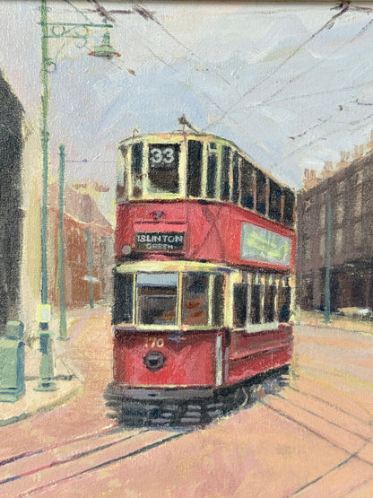A painted scene of a red double-decker tram on a city street, with buildings on both sides, overhead wires, and a pale sky. The artwork appears to be an impressionistic oil or acrylic painting.