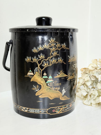 mid century baret ware china gardens black and gold ice bucket with glass liner photographed on white surface