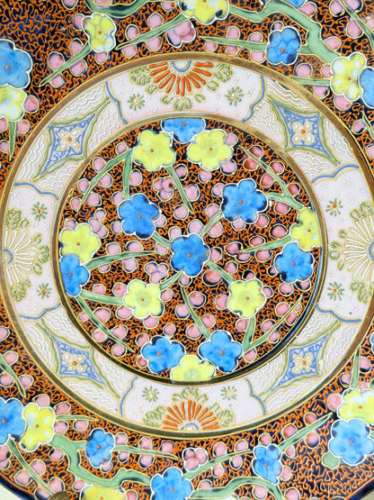 Antique Japanese Aoki Brothers platter with colourful Imari style floral pattern photographed on a white surface