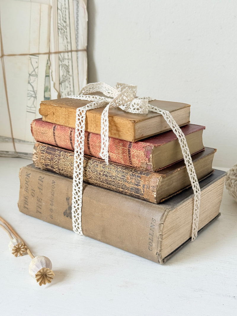 Antique decorative book bundle with faded hardback covers, aged pages and neutral lace tie for vintage interior styling