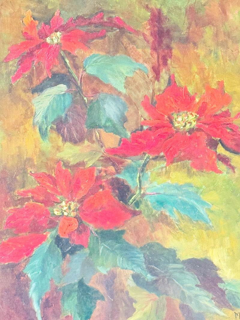 Poinsettias No 1 oil painting by Muriel Hester Broughton in red and green in a pale gilt frame
