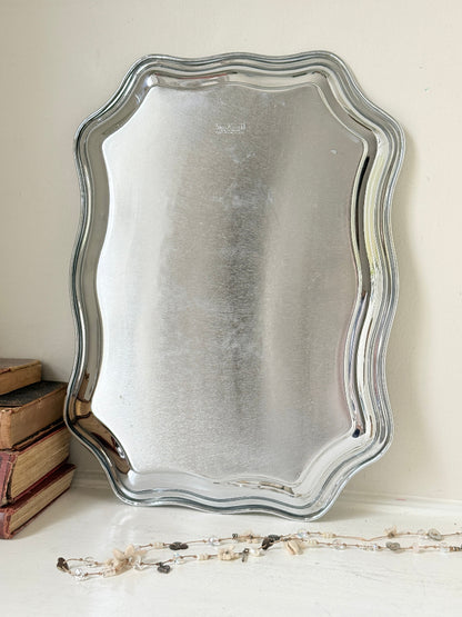 Vintage Swan Brand Cromalin chromium plated serving tray made in England with shaped edge and embossed floral detail