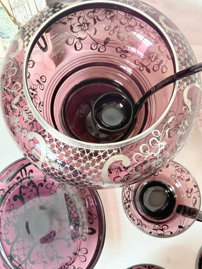 Vintage amethyst glass punch set with silver overlay decoration, lidded bowl, ladle and 6 matching cups