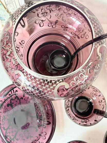 Vintage amethyst glass punch set with silver overlay decoration, lidded bowl, ladle and 6 matching cups