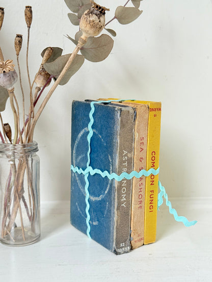 Vintage small decorative book bundle in yellow, brown and grey with turquoise ribbon, photographed on a white surface