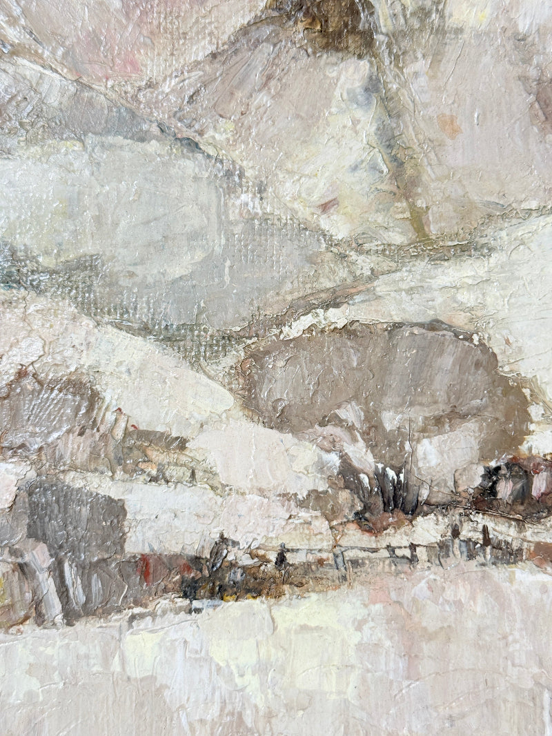 An abstract landscape painting featuring textured brushstrokes in shades of beige, gray, white, and brown, depicting a mountainous or rocky terrain.