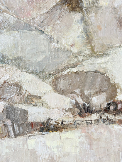 An abstract landscape painting featuring textured brushstrokes in shades of beige, gray, white, and brown, depicting a mountainous or rocky terrain.