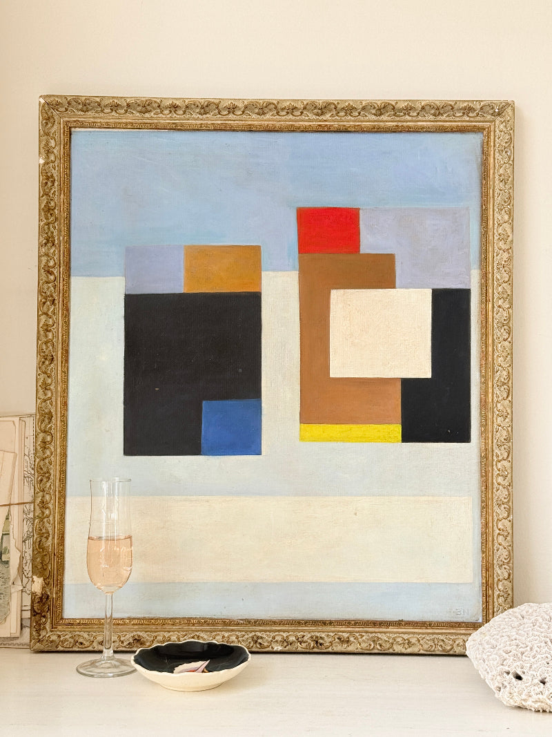 Original oil on canvas laid on board geometric modernist composition with bold colour blocks and ornate gold cream frame