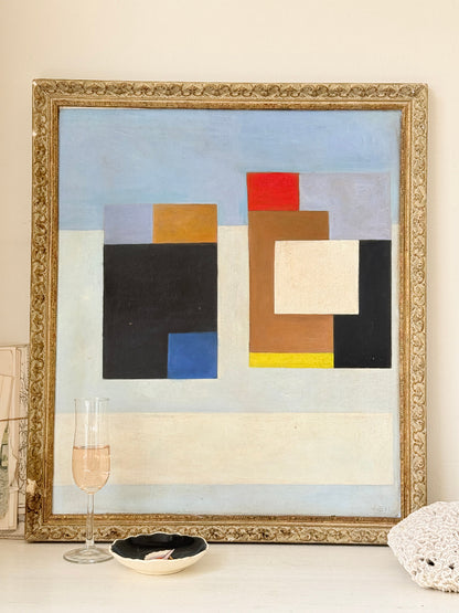 Original oil on canvas laid on board geometric modernist composition with bold colour blocks and ornate gold cream frame