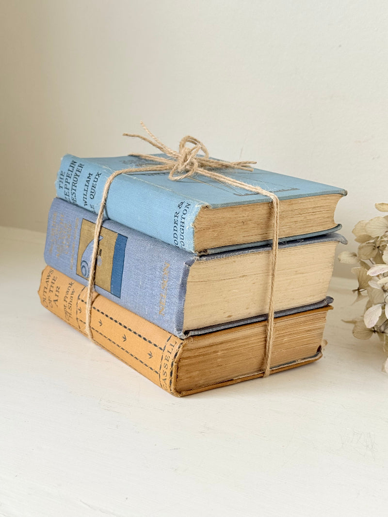 Vintage decorative book bundle in blue and ochre tied with twine, photographed on a white surface