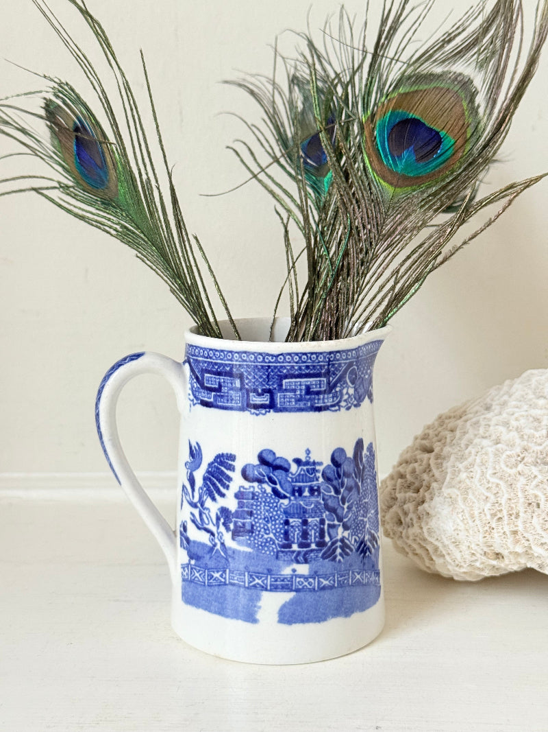 Antique Wedgwood and Co blue and white milk jug photographed on a white surface with peacock feathers.