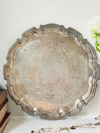 Vintage EPNS silver plate tray made in England with piecrust edge, floral scroll engraving and aged patina