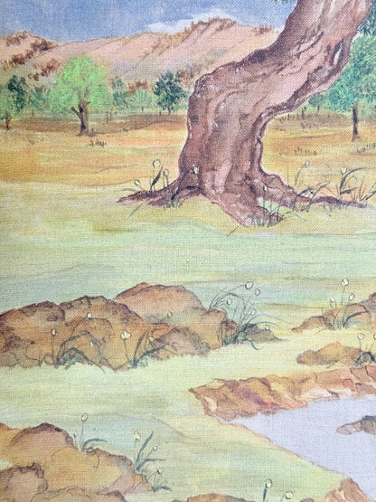 Vintage Chinese watercolour landscape on canvas with tree, mountains and blossom, photographed on white surface