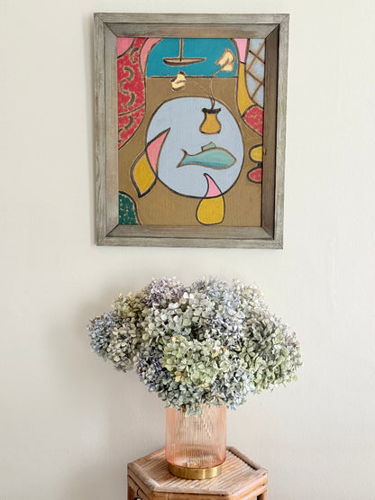 St Ives School mixed media painting on board of semi abstract objects on a table by a coastal window in a grey frame