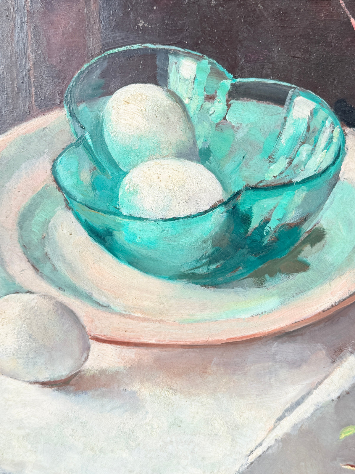 Mid Century Still Life Oil Painting in Jade and Burgundy, Eggs and Pussy Willow
