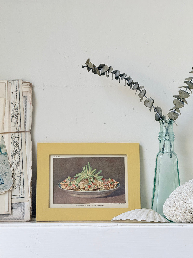 Framed antique Victorian cookery illustration from Cassell’s New Universal Cookery Book showing Macédoines with asparagus