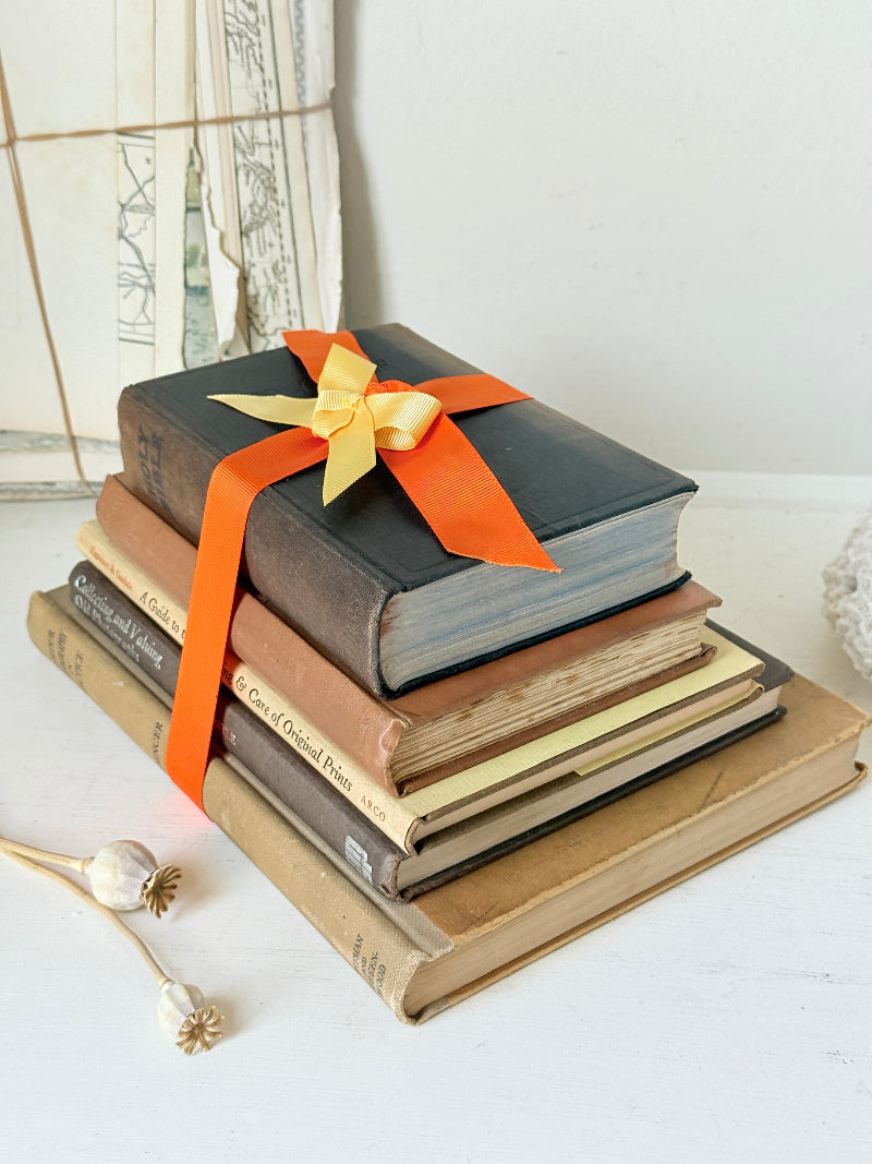 Vintage decorative book bundle in orange and brown with aged hardback covers and bright orange ribbon for shelf styling