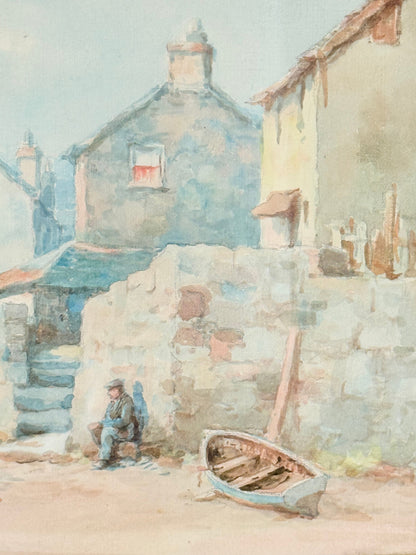 Vintage watercolour of fishing village with boats, gold mount, and ornate gilt frame