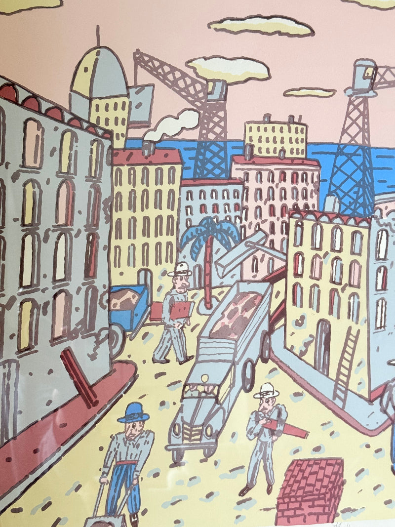 Limited edition screen print of Beirut by Antonio Segui in a wooden frame, signed and dated 1995, photographed on a white surface