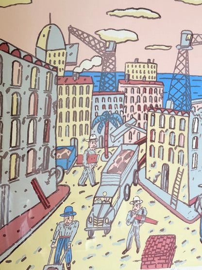 Limited edition screen print of Beirut by Antonio Segui in a wooden frame, signed and dated 1995, photographed on a white surface