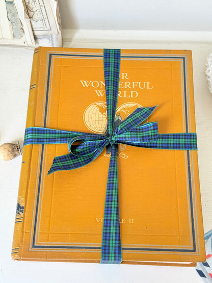 Pair of vintage Our Wonderful World books edited by J. A. Hammerton, volumes I and II, with mustard cloth covers and gilt detail