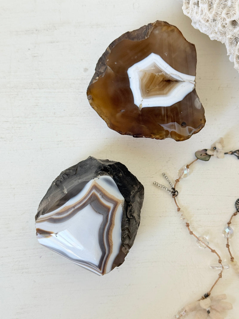 Pair of polished orca agate specimens with cream, brown and grey banding, photographed on a white surface
