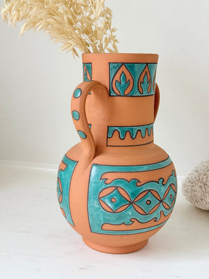 Spanish folk pottery twin handled jug vase in terracotta with turquoise glaze and Andalusian style decoration