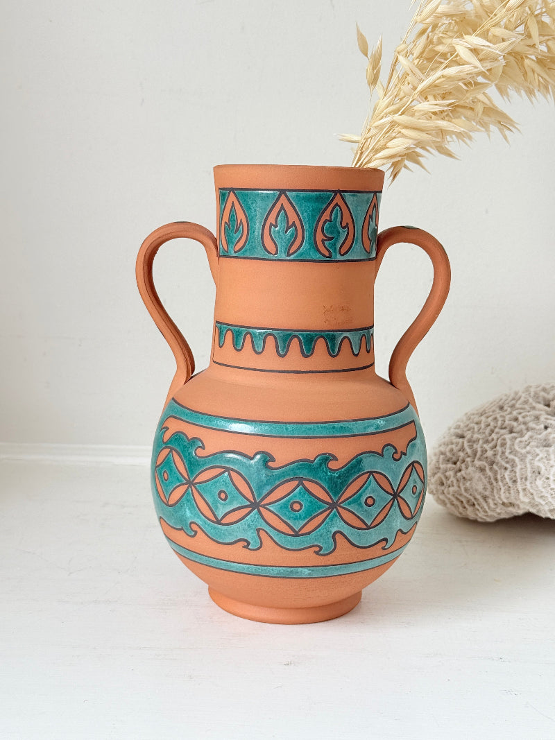Spanish folk pottery twin handled jug vase in terracotta with turquoise glaze and Andalusian style decoration