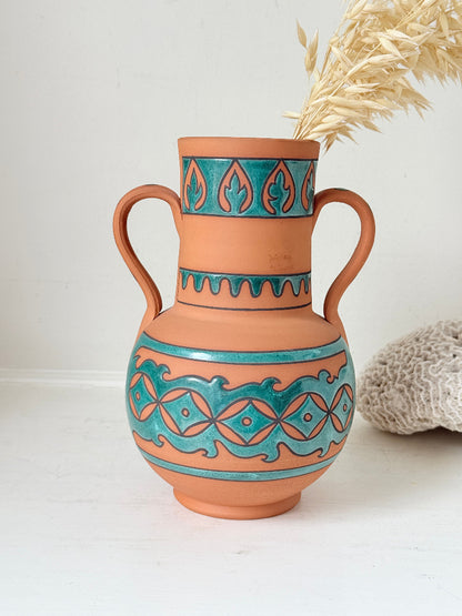 Spanish folk pottery twin handled jug vase in terracotta with turquoise glaze and Andalusian style decoration