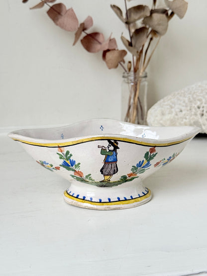 French Quimper faience sauce boat with Breton figure