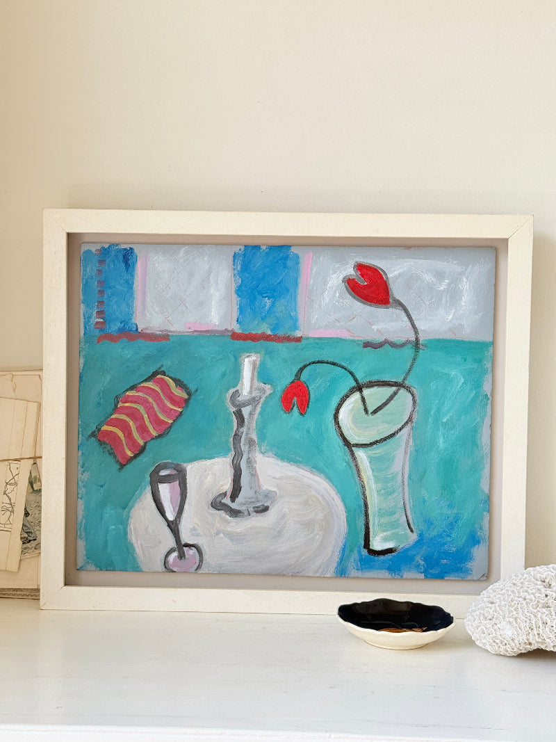Original oil on board still life with candlestick, red tulips, turquoise background and cream frame in St Ives inspired style