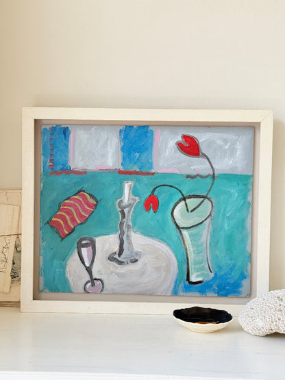 Original oil on board still life with candlestick, red tulips, turquoise background and cream frame in St Ives inspired style