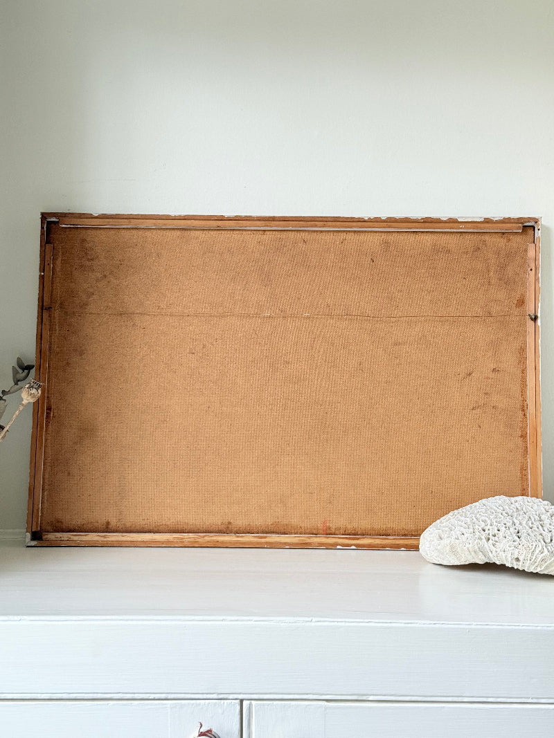 Mid century still life with watering can, oil on paper mounted on board, in ochre and plum tones, photographed on a white surface.