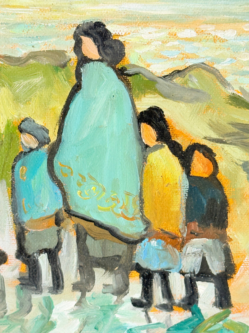 Markey Robinson style oil on board of shawled figures going to a hilltop church in teal and ochre