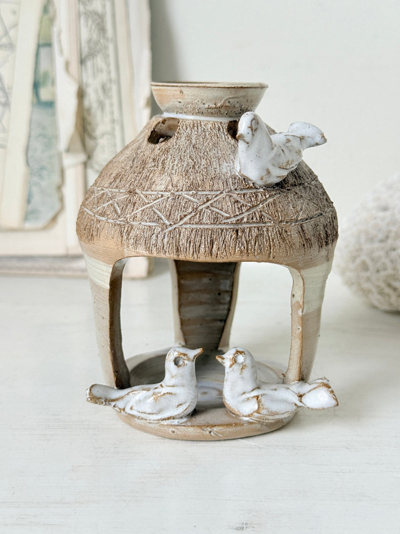 Studio pottery decorative bird house with handmade ceramic birds, textured roof and natural earthy glaze