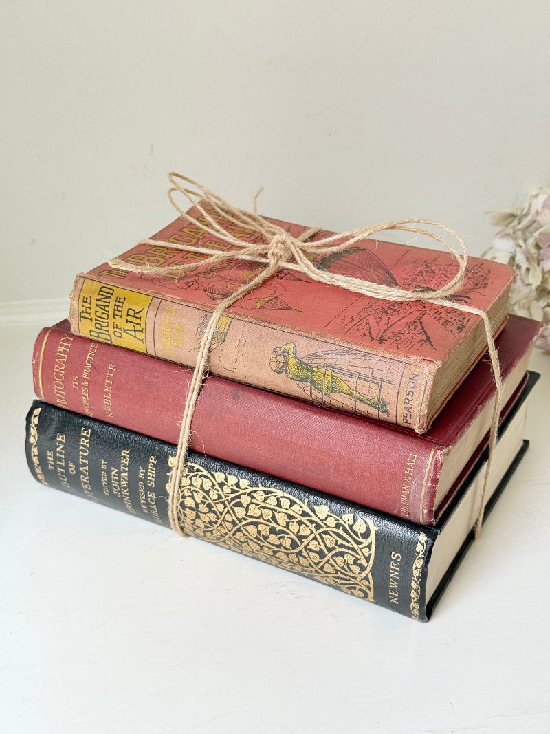 Vintage decorative book bundle in red and black with gilt detailing tied with twine, photographed on a white surface