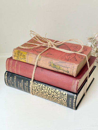 Vintage decorative book bundle in red and black with gilt detailing tied with twine, photographed on a white surface