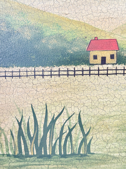 A textured, crackled painting of a rural landscape featuring a small house with a red roof, a fence, green reeds in the foreground, and a grassy hill in the background.