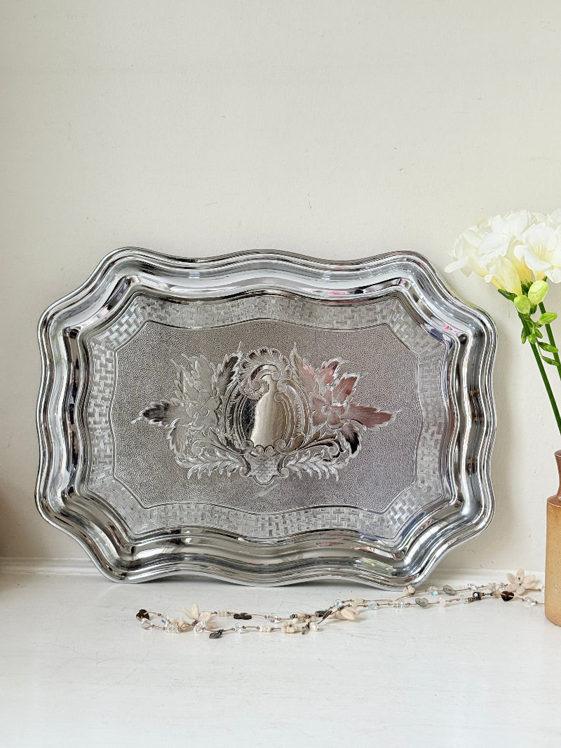 Vintage Swan Brand Cromalin chromium plated serving tray made in England with shaped edge and embossed floral detail