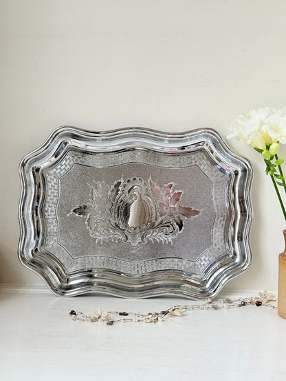 Vintage Swan Brand Cromalin chromium plated serving tray made in England with shaped edge and embossed floral detail