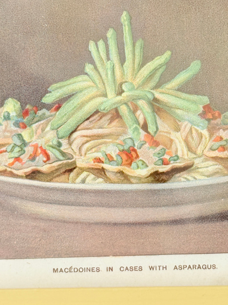 Framed antique Victorian cookery illustration from Cassell’s New Universal Cookery Book showing Macédoines with asparagus