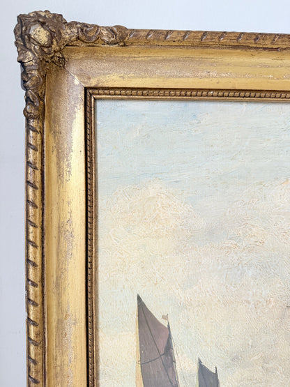 Vintage oil painting of man o’ war sailing ship with fishing boats in gilt frame