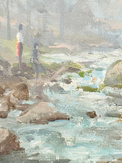 Impressionistic landscape painting of a rocky stream with two distant figures standing on the shore, rendered in soft pastel-like tones of blue, gray, beige, and muted green.