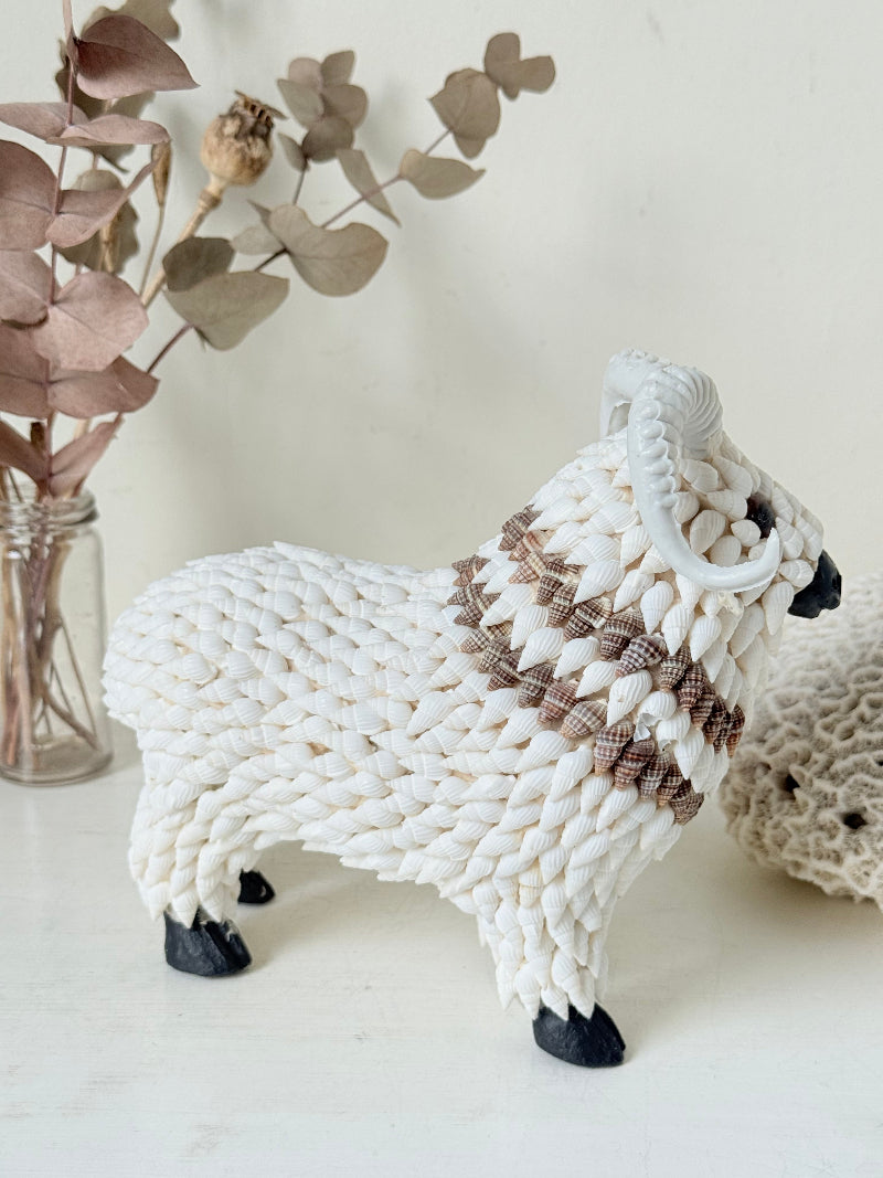 Vintage shell ram ornament in cream and brown, photographed on a white surface