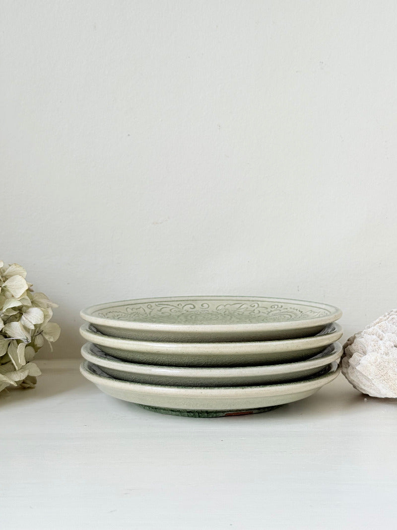 Set of four Thai stoneware plates with soft green celadon glaze on white surface
