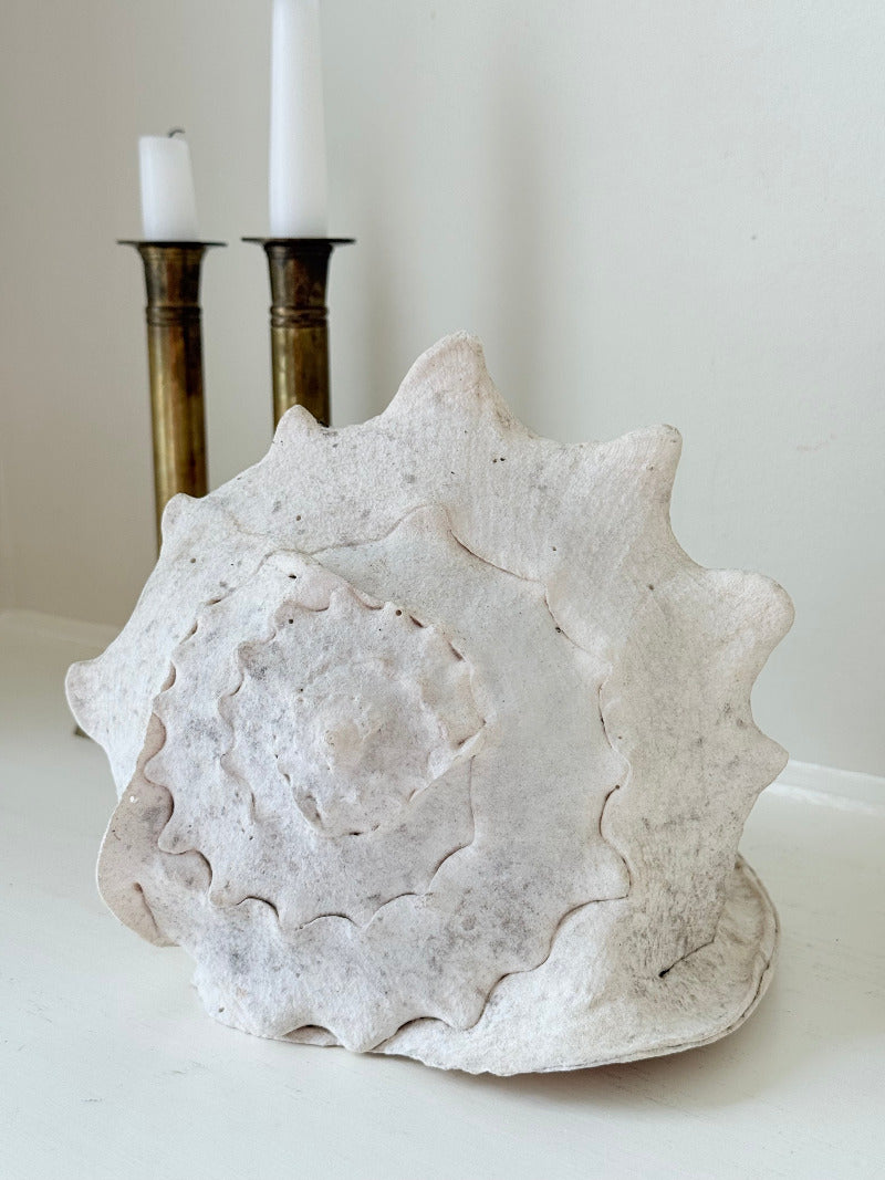 Large vintage Queen Helmet shell with ridged dome and cream tones, styled on a white surface beside brass candlesticks and dried hydrangeas.